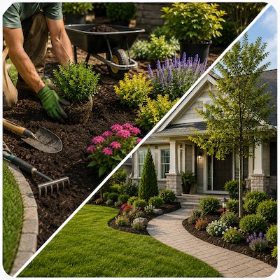 Landscaper planting shrubs