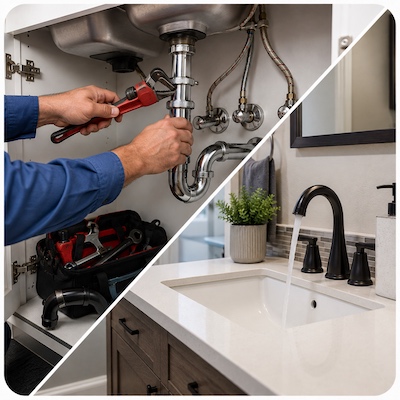 Plumber repairing pipes under a sink