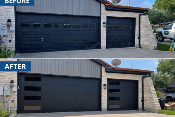 Before-and-after black garage door installation in Bureleson, Texas by Riverstone Garage Door Services