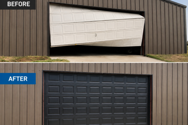 Before-and after damaged garage door replacement in Godley, Texas by Riverstone Garage Door Services
