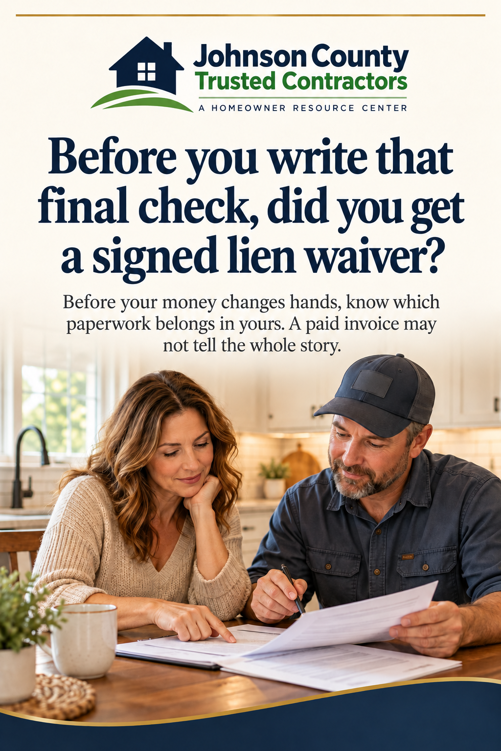 Before you write that final check, did you get a signed lien waiver? Before your money changes hands, know which paperwork belongs in yours. A paid invoice may not tell the whole story. Homeowner and contractor reviewing paperwork at a kitchen table.
